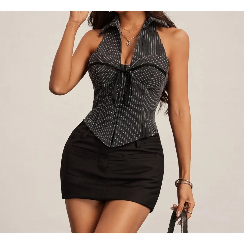 Sexy Women's Top Summer 2026 Grey Striped Halter Bow Tie Strappy Corset Ultra Slim Lingeries Underwear for Daily Wear Vests
