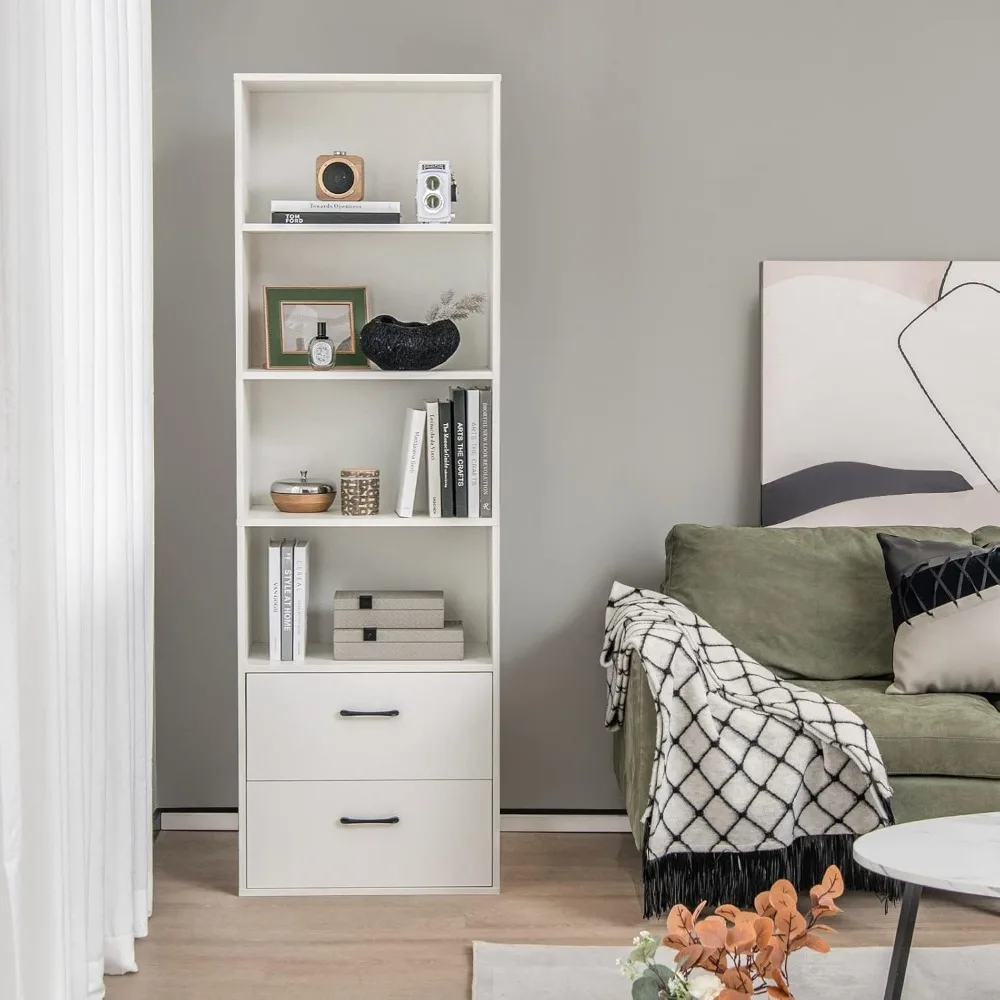 Lemari Penyimpanan Tinggi Modern 6 Tingkat dengan 2 Laci dan 4 Rak Terbuka, Rak Buku Kayu Tinggi 74 Inci untuk Rumah atau Kantor