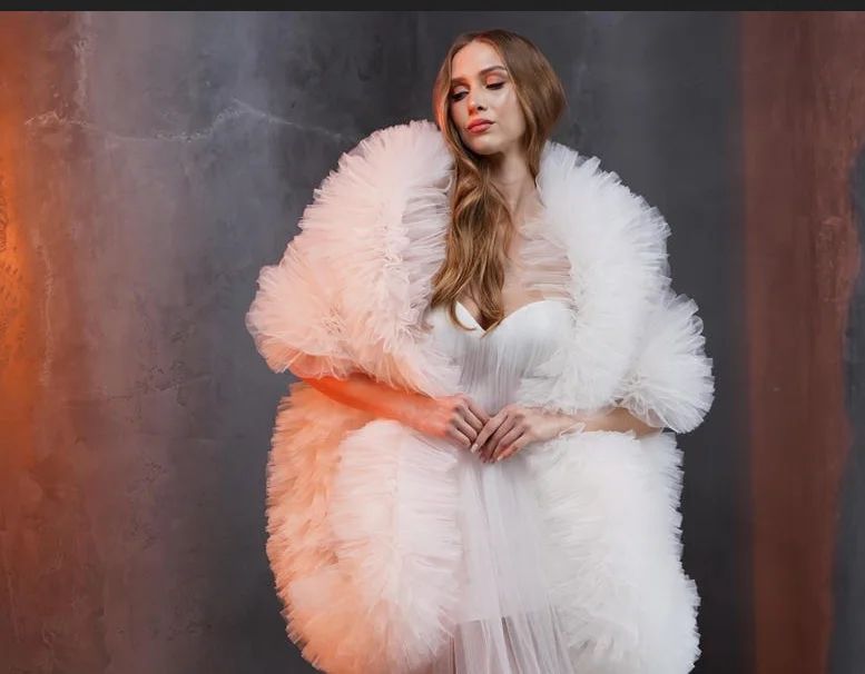 

Bridal Ruffle Cape, Fluffy Wedding Shawl Alternative to Veil, White Tulle Wrap for Bride, Dramatic Oversized Shoulder Cover