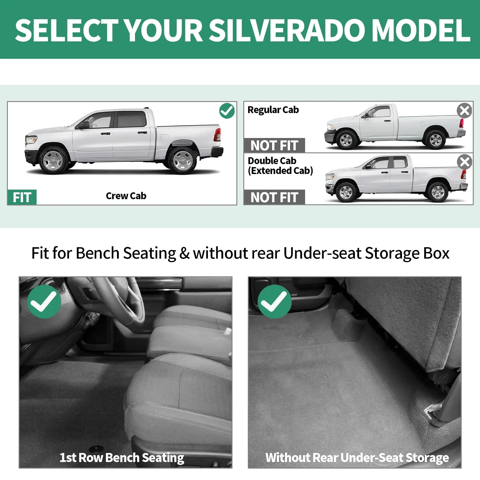 سجادات أرضية لسيارة تشيفي سيلفرادو/جي إم سي سييرا 1500/2500HD/3500HD بدون صندوق تخزين المقعد الخلفي، مقعد المقعد الأمامي #2