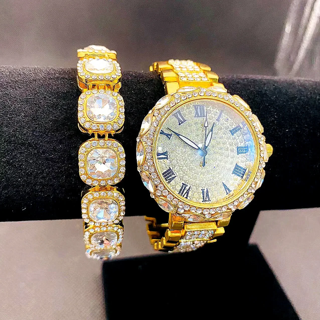 

Часы Diamound Iced Out для женщин, блестящий теннисный браслет-цепочка, комплект ювелирных изделий в стиле хип-хоп, роскошные мужские часы, женский комплект Reloj