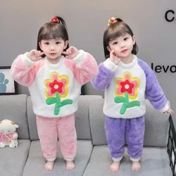 Autumn and Winter New Children's Pajamas 2023 Girls' Cute Flower Set Fashion Plush Thickened Flannel Home Set