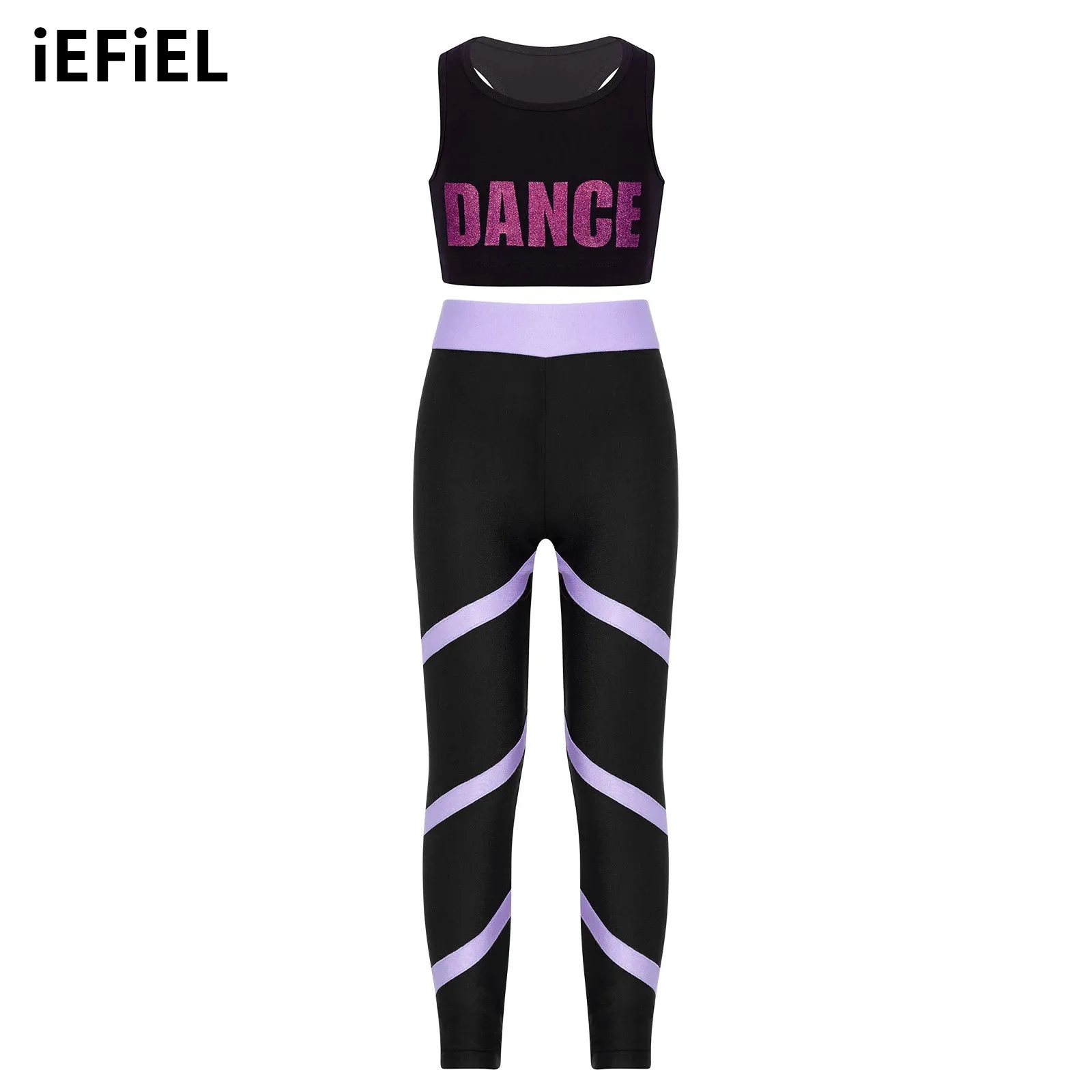 

Kids Girls Gymnastics Set Sleeveless Racerback Crop Top with Elastic Waistband Pants for Performance Dance Competition