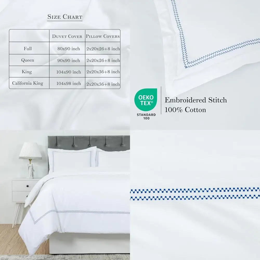 White Duvet Cover Luxury Hotel-Quality 100% Cotton Sateen T300 Embroidered Duvet Cover with 2 Pillow Shams Hypoallergenic Button