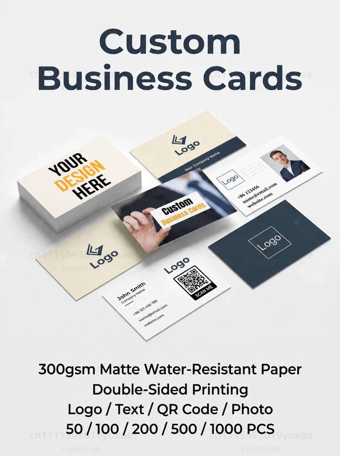 Custom Business Cards 300gsm Matte Water-Resistant Paper Front Back Printing Personalized Logo Text QR Photo 3.5x2in 50-1000Pcs