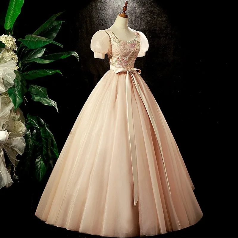 Robe de Quinceanera imprimée à col carré personnalisée, nœud à lacets, taille fine, robes d'occasion formelles, manches courtes bouffantes, émail élégant