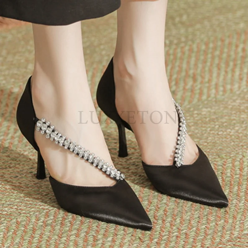 Black Mesh Leather Crystal Chain Pumps Women Summer Pointy Toe Stiletto 10CM Heels Red Velvet Sandals Luxury Design Sexy Shoes