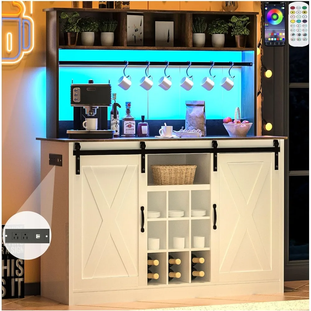 

6&Fox Farmhouse LED Coffee Bar w/60000-color Lights,Power Outlet,7 Hooks,9Wink Racks