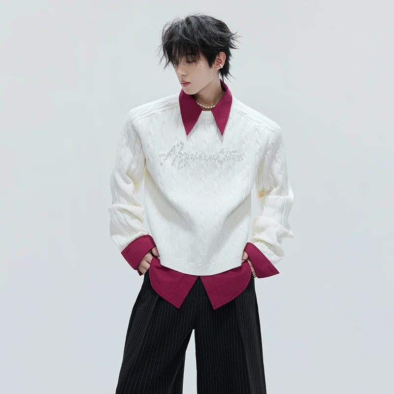 LUZHEN 2025 Autumn Winter New Fake Two Piece Design Knitted Pullover Men's Fashion High Quality Embroidery Pearl Sweater JY4822