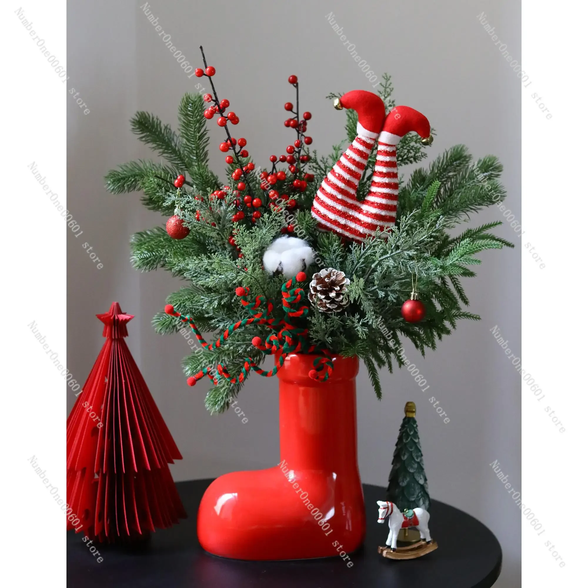 New Christmas red boots shoes vase flower arrangement simulation pine branch living room desktop decoration ornament