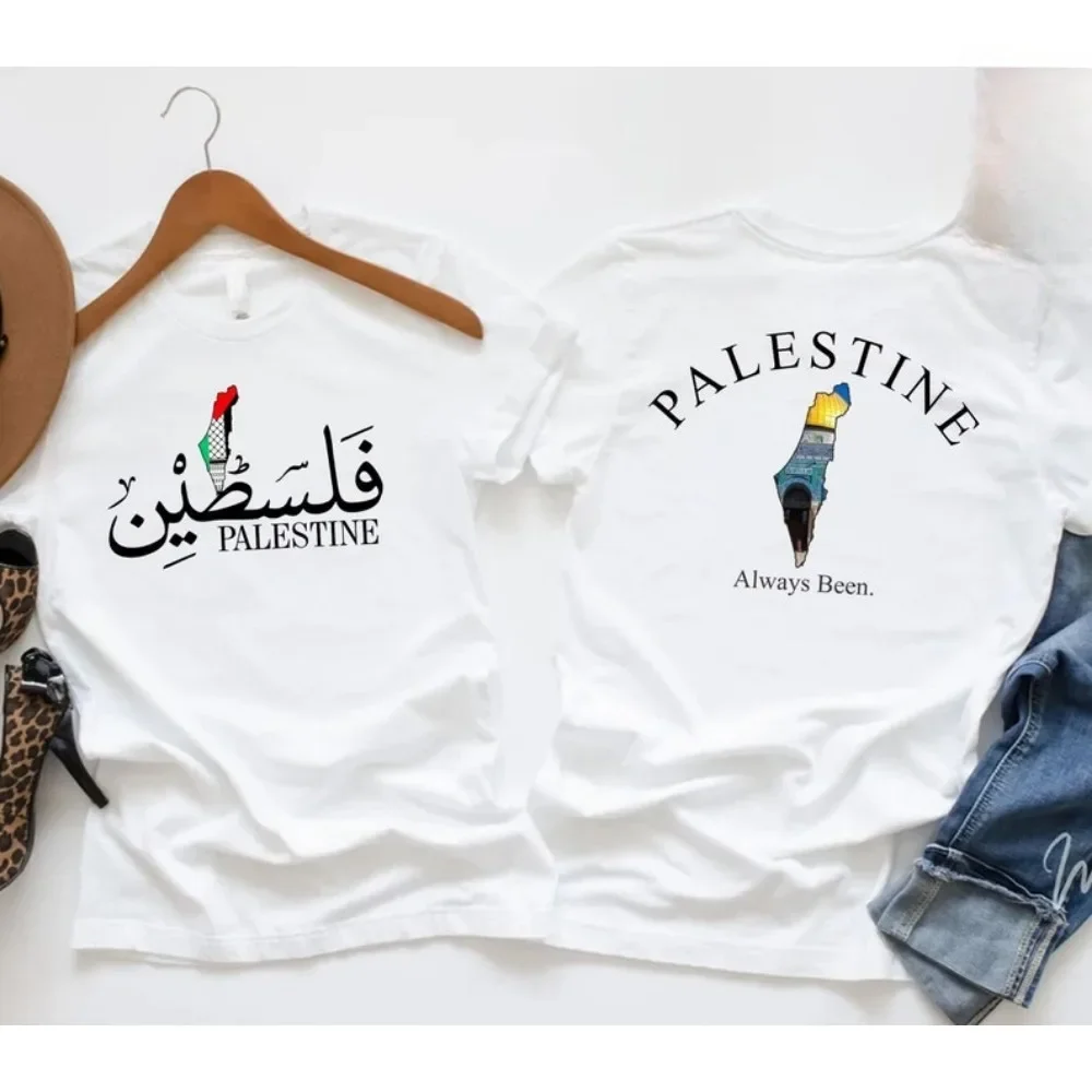 2025 فلسطين العربية اسم الرجال النساء تي شيرت القطعة مسجد خريطة طباعة Crewneck القطن المحملة للجنسين الشارع الشهير ملابس علوية غير رسمية