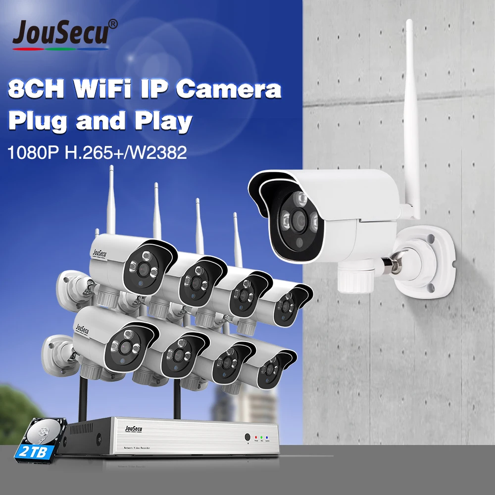 1080P Wireless Security System 8pcs Camera, 8Channel NVR, WiFi IP Surveillance, Hard Drive 2TB Motion Detection 24-7 Recording