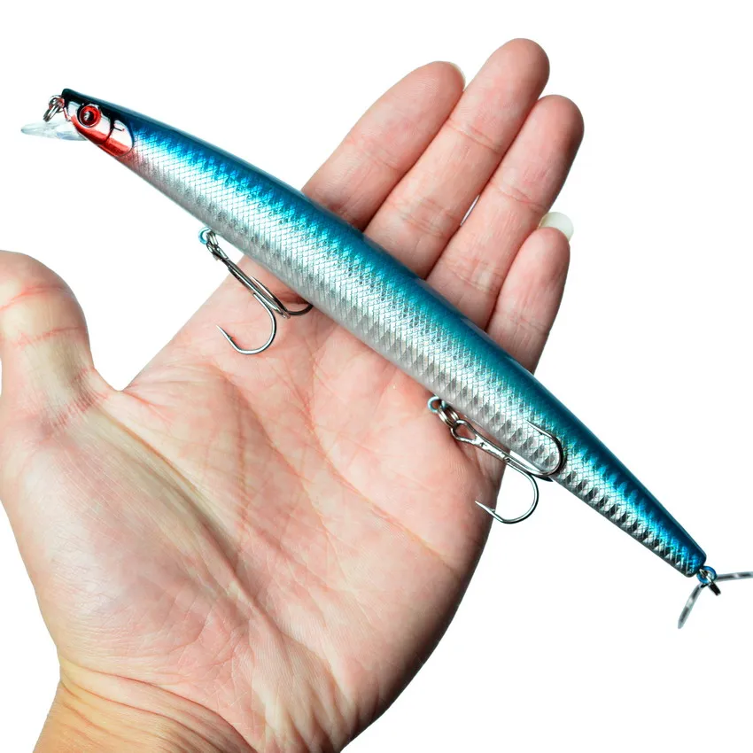 Best Selling 1pcs 18cm 24g Big Long Fish Minnow Sea Fishing Lure Bait 3D Eyes Strong Hooks Lures For Sea Fishing