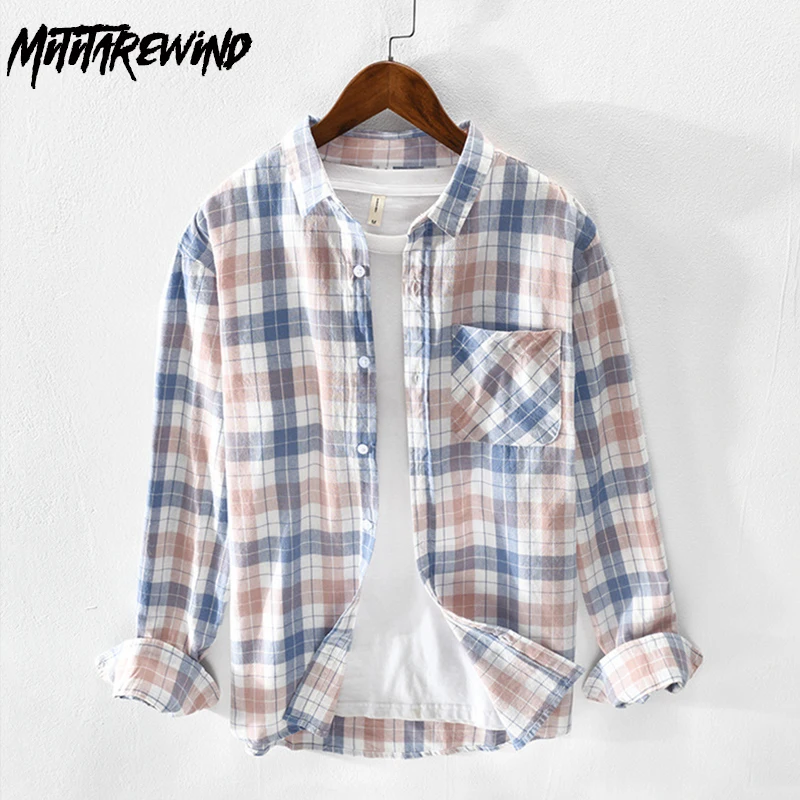 Spring and Summer Fresh Mens Plaid Shirt Daily Causal Shirts Square Pocket Long Sleeve Shirts Man Korean Fashion Clothing Youth