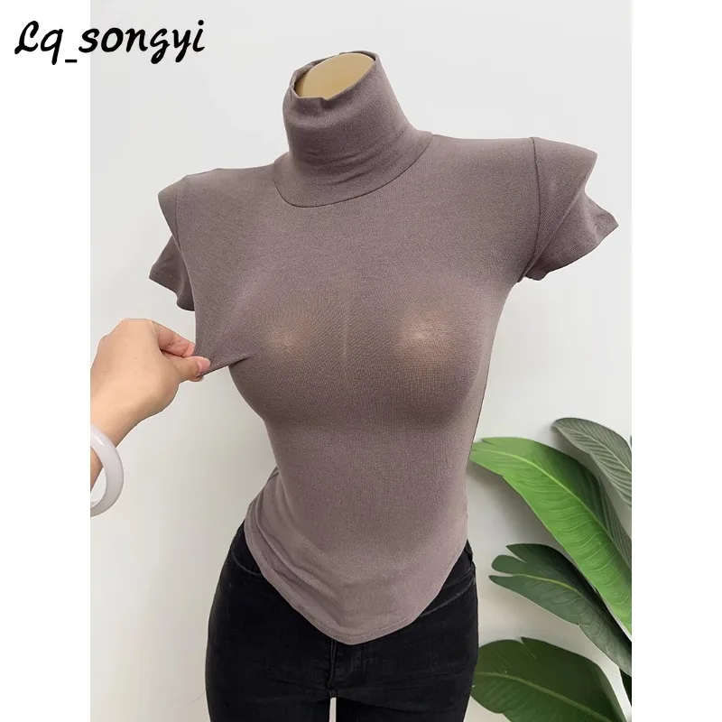 

Lq_songyi Sexy Turtleneck T Shirts See-through Slim Fit Tops Women High Strecth Tight Top Summer Short Sleeve Solid Thin T Shirt