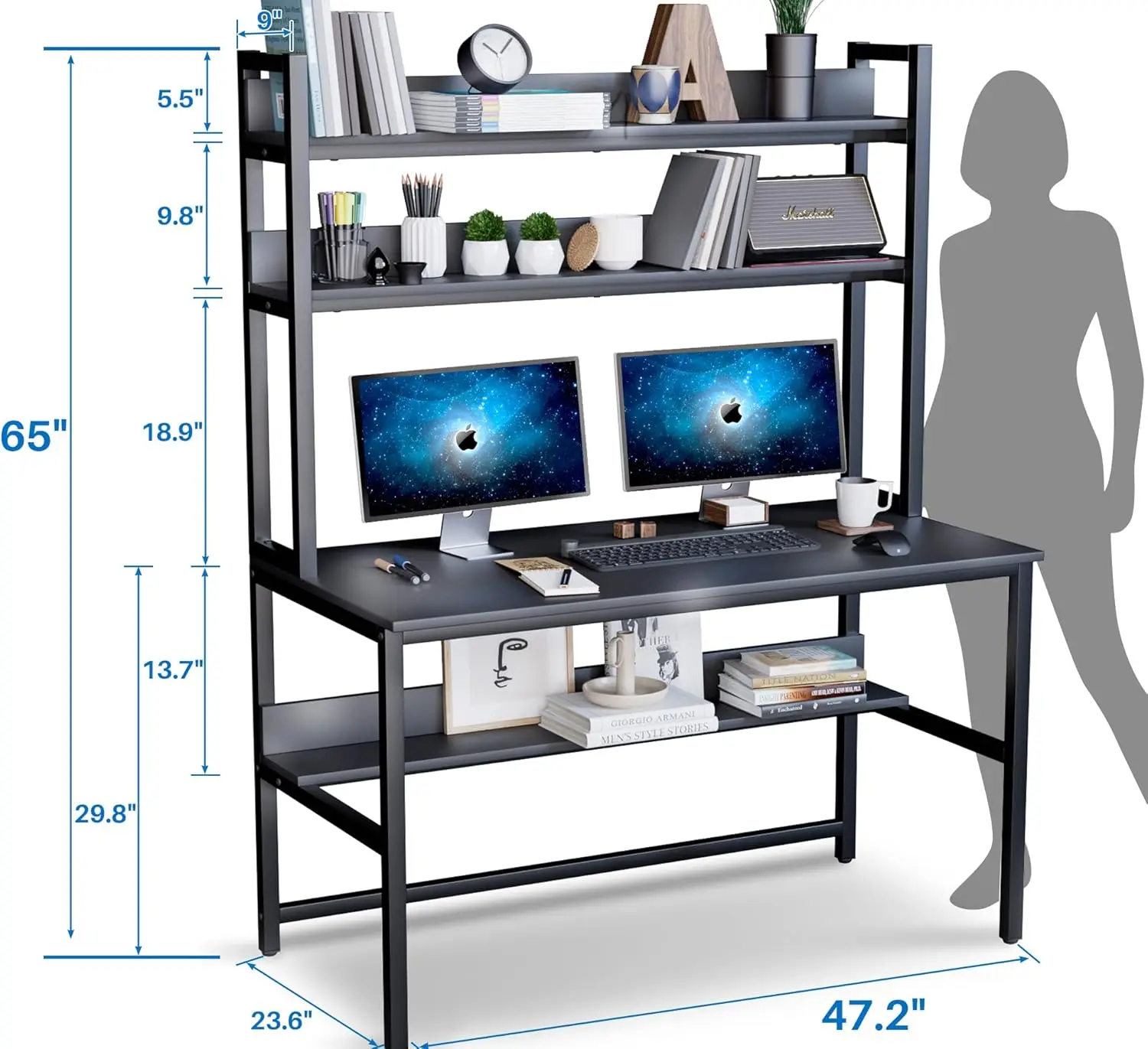 Aquzee Modern Computer Desk with Hutch and Shelves, Space-Saving Study Desk Bookshelf Combo, Black