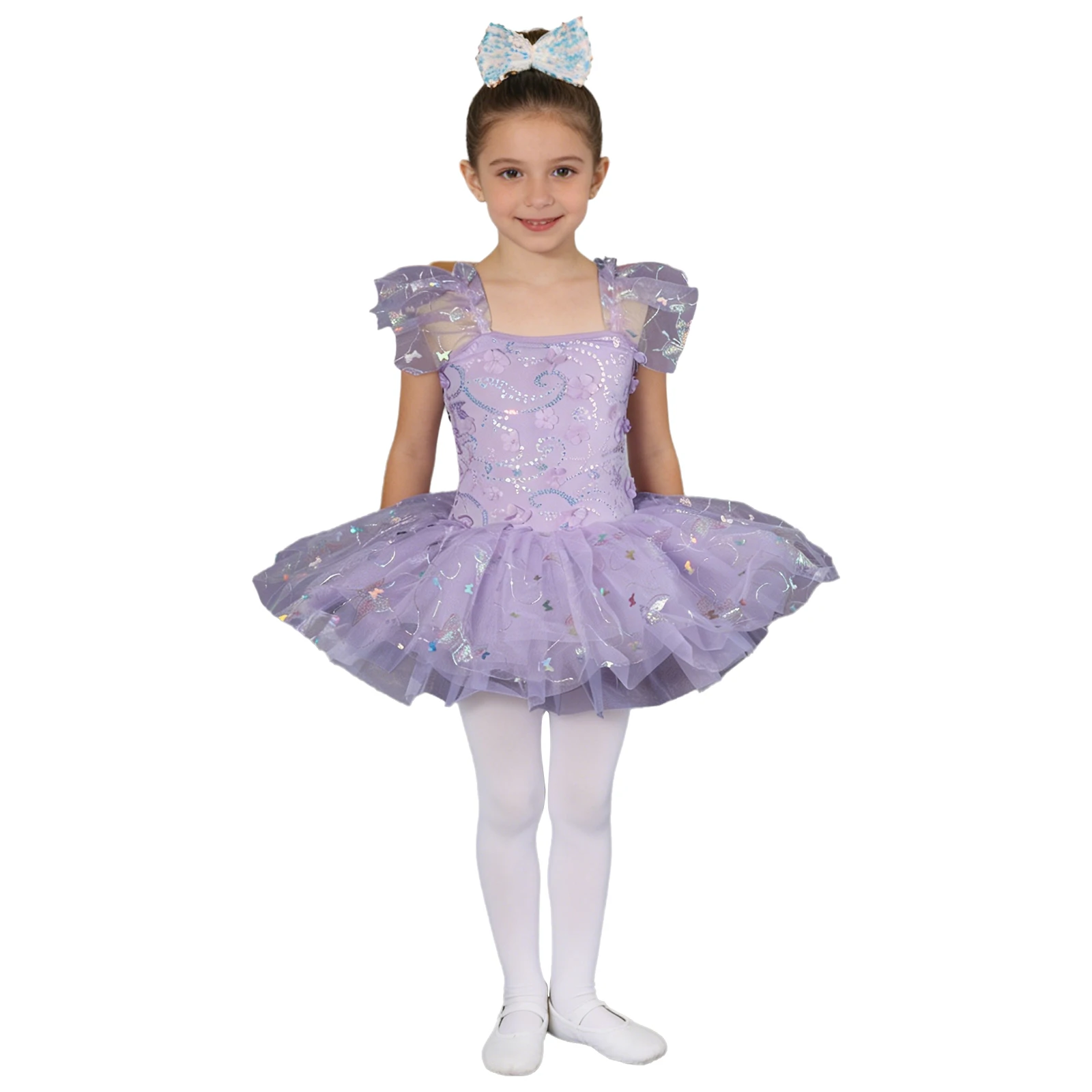 Kids Girls Stylish Ballet Gymnastics Dance Performance Costume Set Ruffle Flower Princess Sequins Bodice Sparkly Butterfly Dress