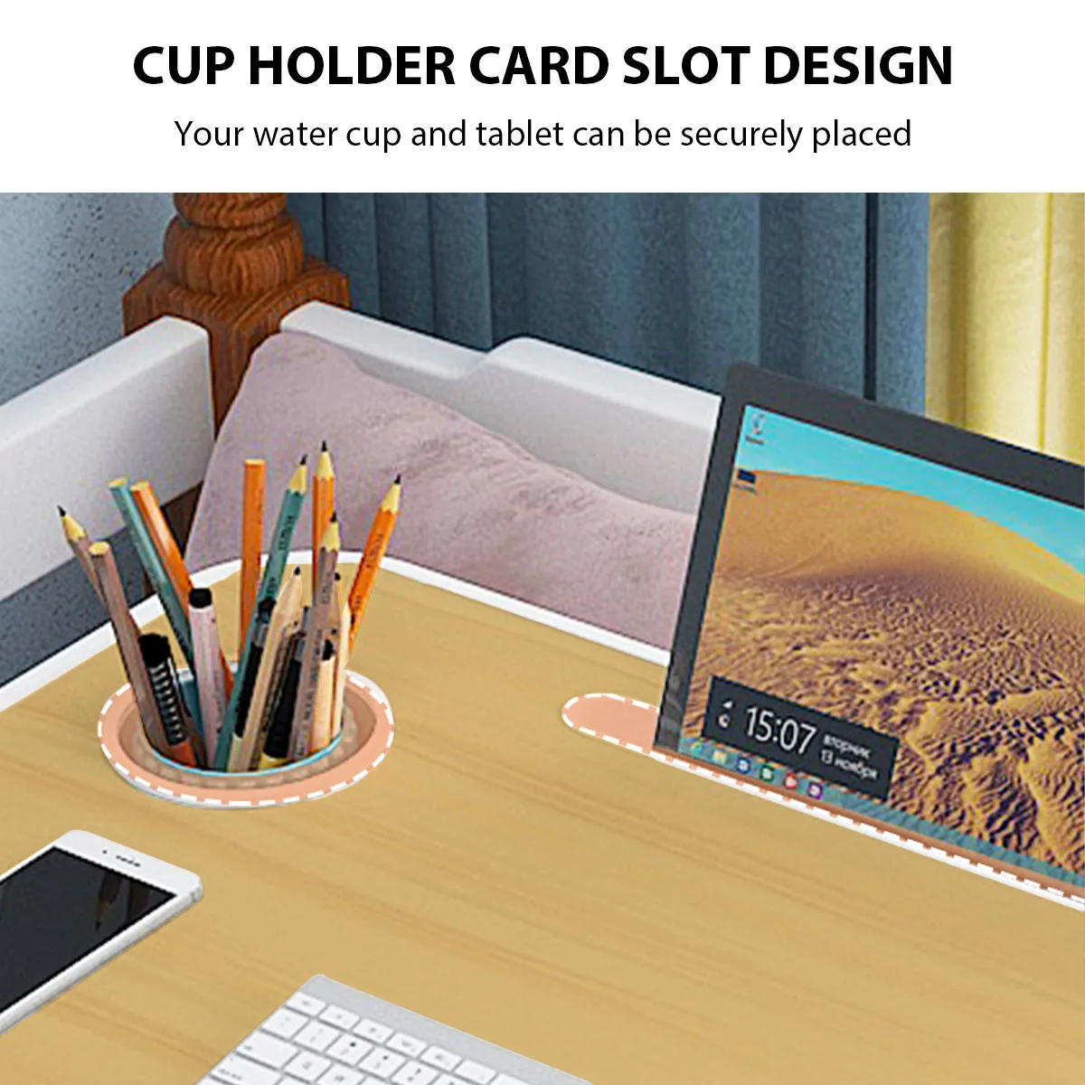مكتب كمبيوتر محمول محمول للدراسة في السرير والمكتب مع فتحة تخزين للكمبيوتر اللوحي ودرج وحامل أكواب قابل للطي ومضاد للانزلاق #3
