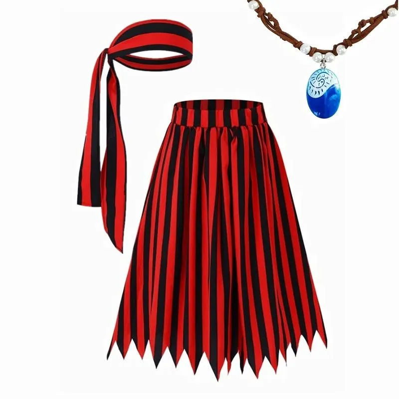 

Women Girls Pirate Dress Striped Stretchy Midi Skirt Role Play Costume Halloween Cosplay Party Performance Outfit Elastic Waist