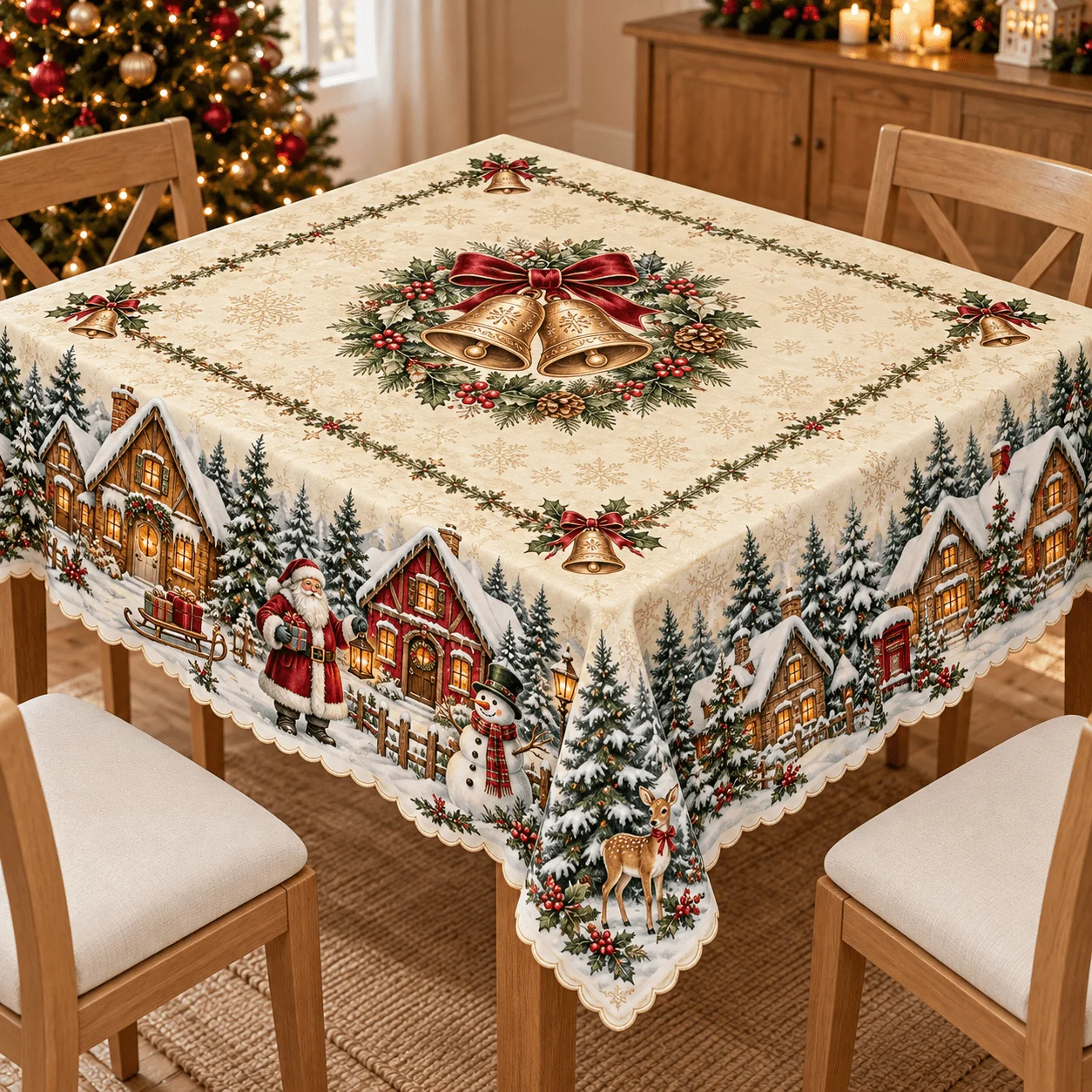 1 square tablecloth, bring Christmas town to the table! Polyester material, cream white background with gold double bell wreath
