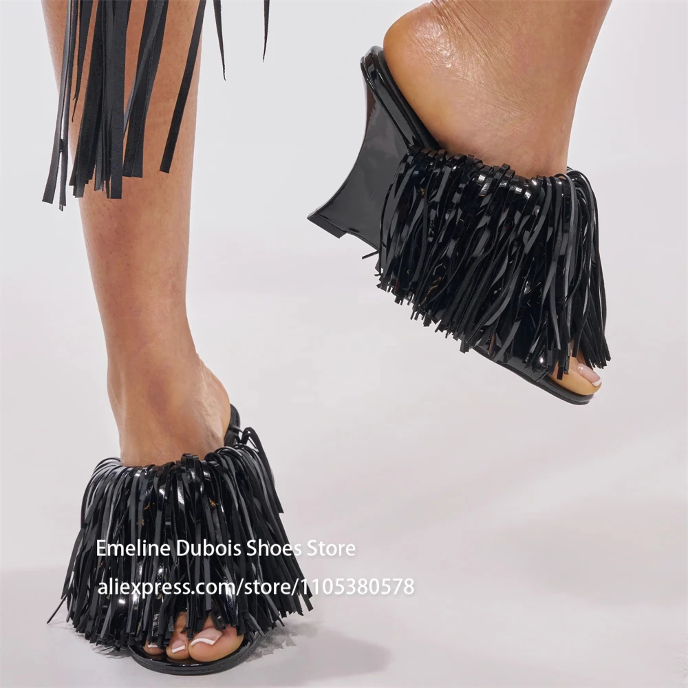 Blue Patent Leather Fringe Wedge Heel Mules Open Peep Toe Slip On Irregular Heel Sandals Nightclub Party Runway Shoes for Women view 3