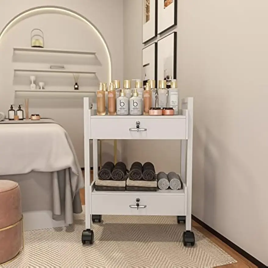Mobile Salon Trolley Cart Rolling Beauty Spa Storage Station Wooden Utility Cabinet 2 Lockable Drawers Medical Esthetic Supply H