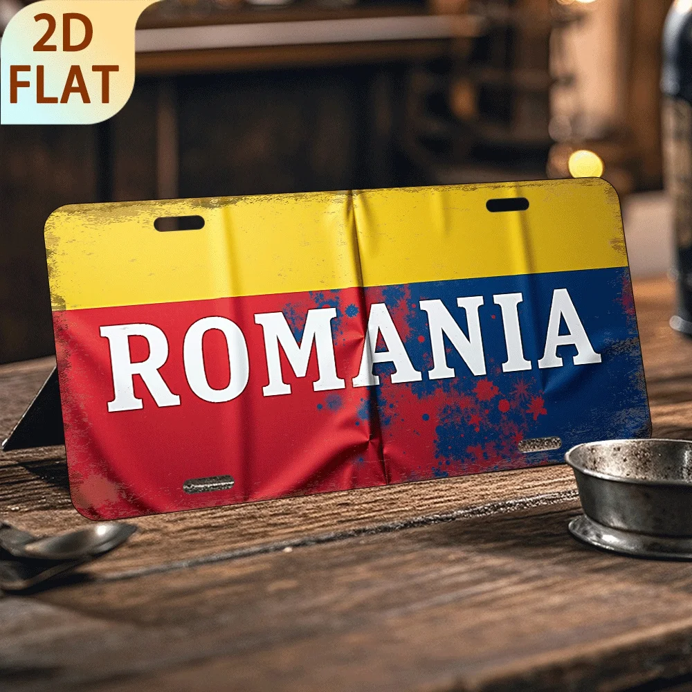 2D Flat - 1pc Vintage Romanian Flag Metal Sign - 6x12 Inch Aluminum Wall Hanging Decorative Plaque, 2D Flat UV Printed, Rustic R