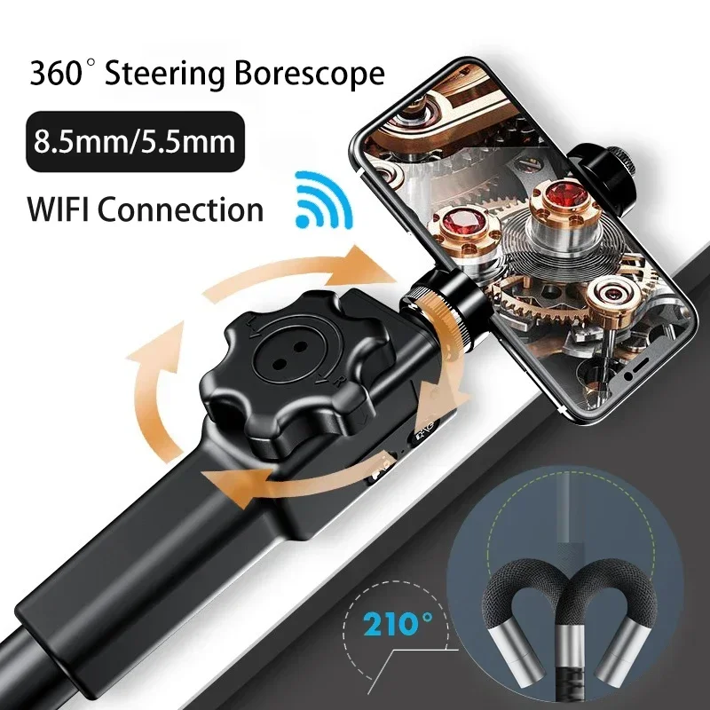 Objectif 5,5 mm WIFI 360 °   Endoscope industriel de direction, caméra d'inspection de tuyaux de voiture, Endoscope articulé pour Android PC Ios