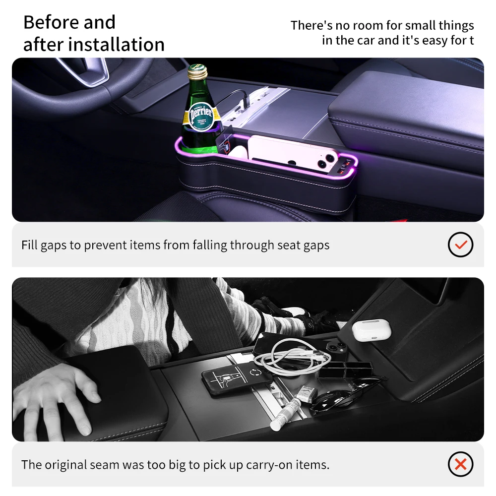 YZ Car Seat Gap Filler Cup Holder 7 Colours Changing LED Car Crevice Storage Organizer Box With 2Usb Charger Car Accessories