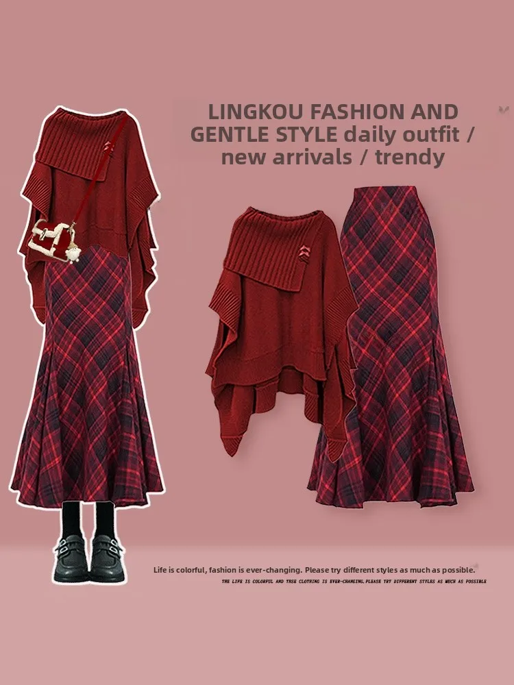 

Red Elegant Knitted Sweater And Plaid Fish Tail Skirt Two Piece Set for Women Autumn Fashion Casual High Waist Midi Skirt
