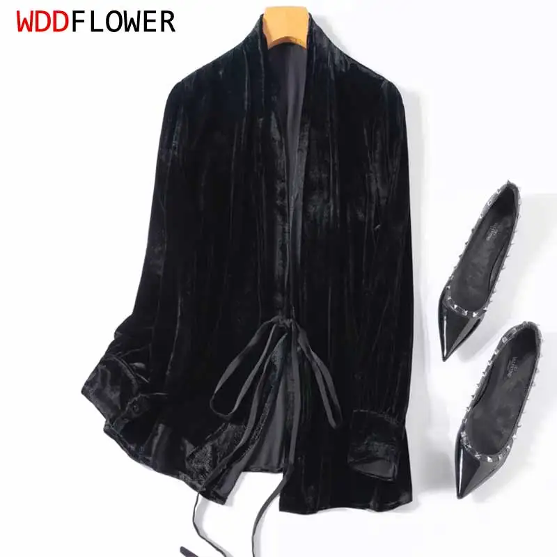 

Women Silk Shirt 100% Mulberry Silk Velvet Solid Color Black V Neck Long Sleeve Tie Cardigan Coat Top Blouse Office Lady M1044