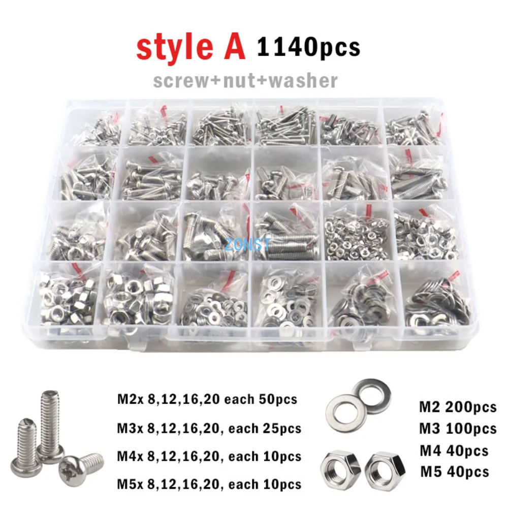 400/2100pcs M1.6 M2 M2.5 M3 M4 M5 Cross Phillips Pan Round Head Screw 304 Stainless Steel Electronic switch Bolt Set Kit Box