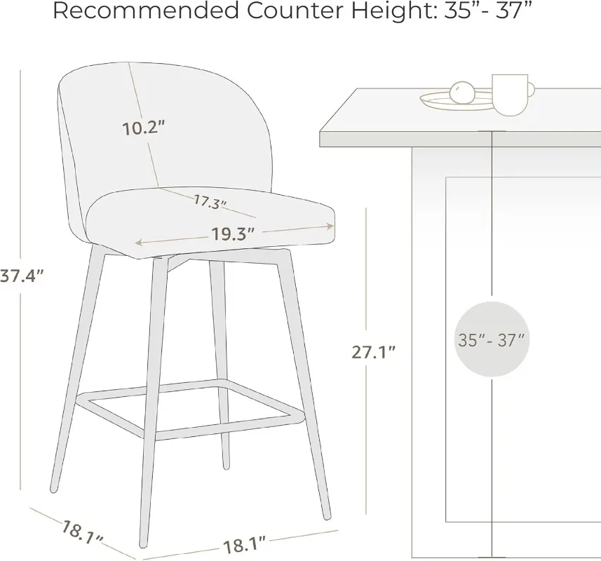 Counter Height Bar Stools Set of 2 360° Swivel Upholstered Barstools with Backs and Metal Legs 26