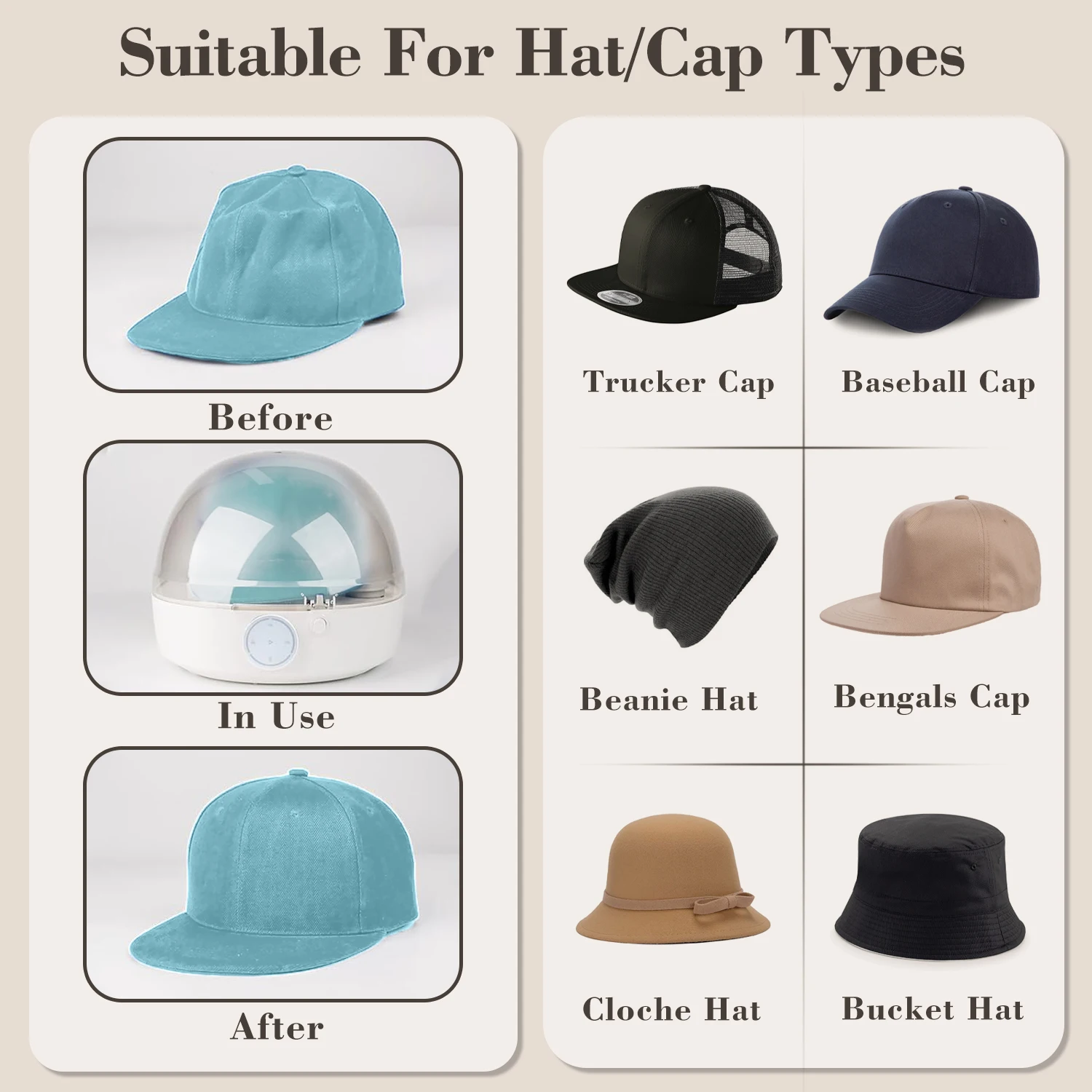 Hat Care Machine for Iron and Dry,Restore Misshapen Hat/Cap Natural Shape with Steam and Hot&Cold Wind,Keep Your Hat/Cap Clean