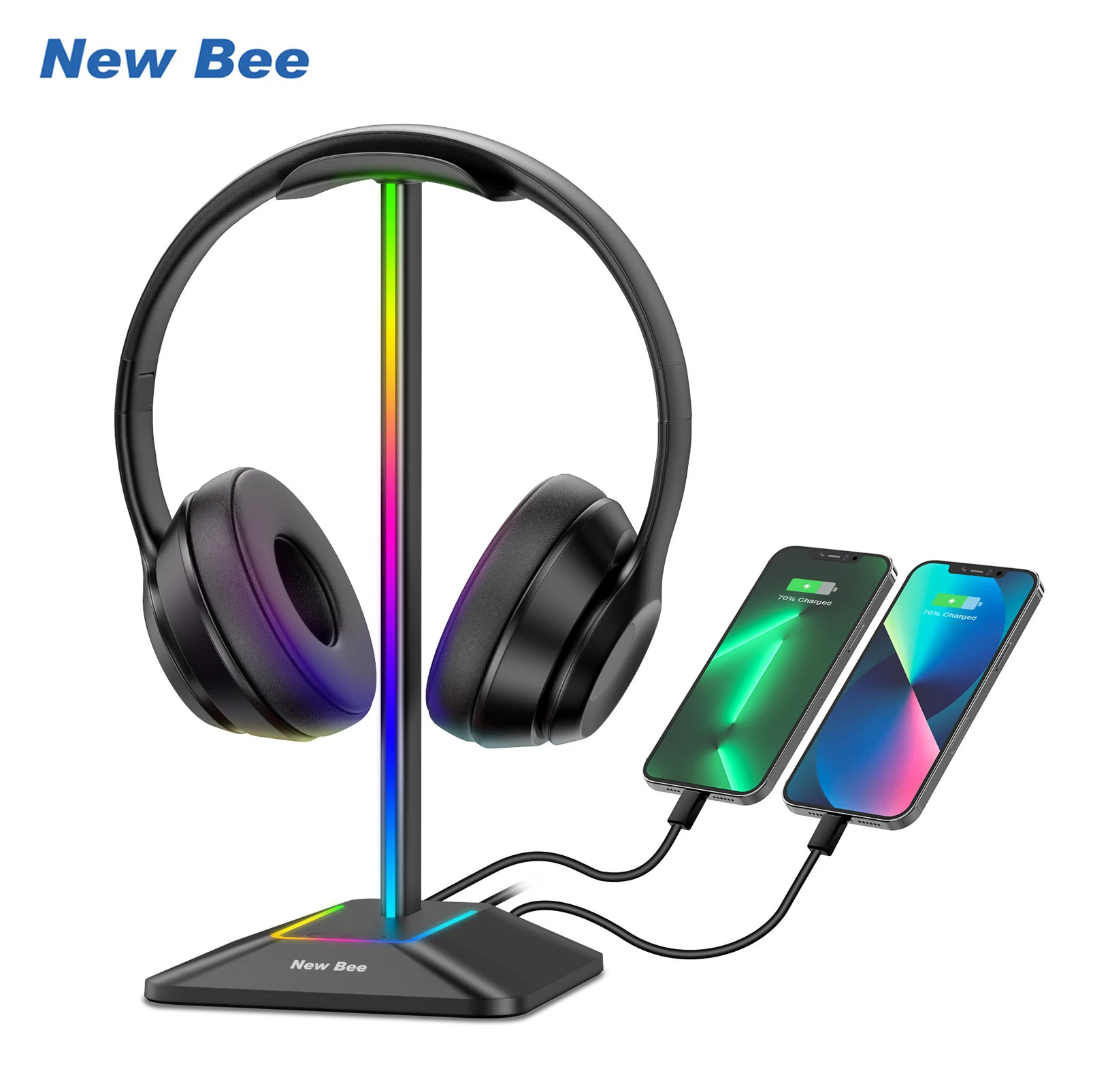 New Bee Z8 RGB Headphones Stand Holder with 2 USB Ports Desk Gaming Headset Cool