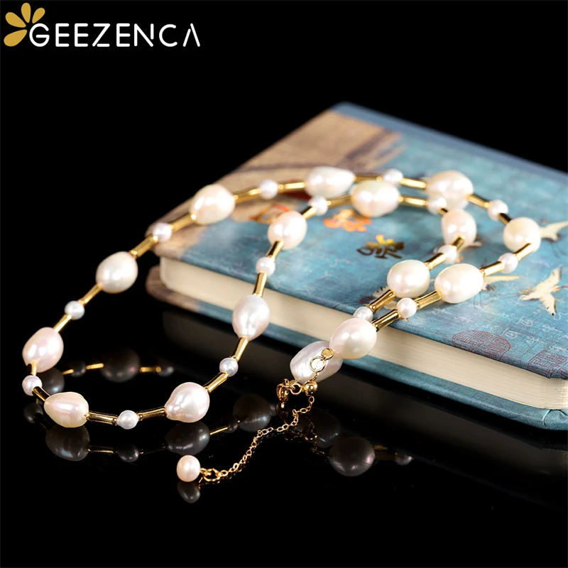 GEEZENCA Natural Baroque Pearl Beads 925 Silver 40cm Chokers Necklace For Women Luxury Trendy 18K Gold Necklaces 2023 New Gift