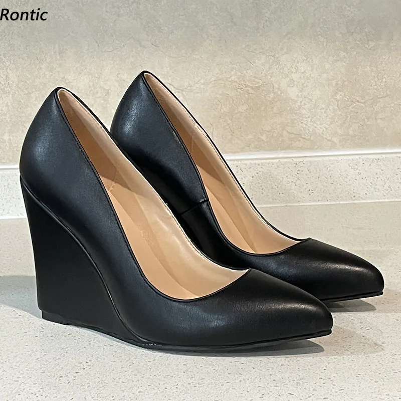 

Rontic New Handmade Women Pumps Faux Leather Wedges Heels Pointed Toe Pretty Black Office Lady Shoes US Size 4-15