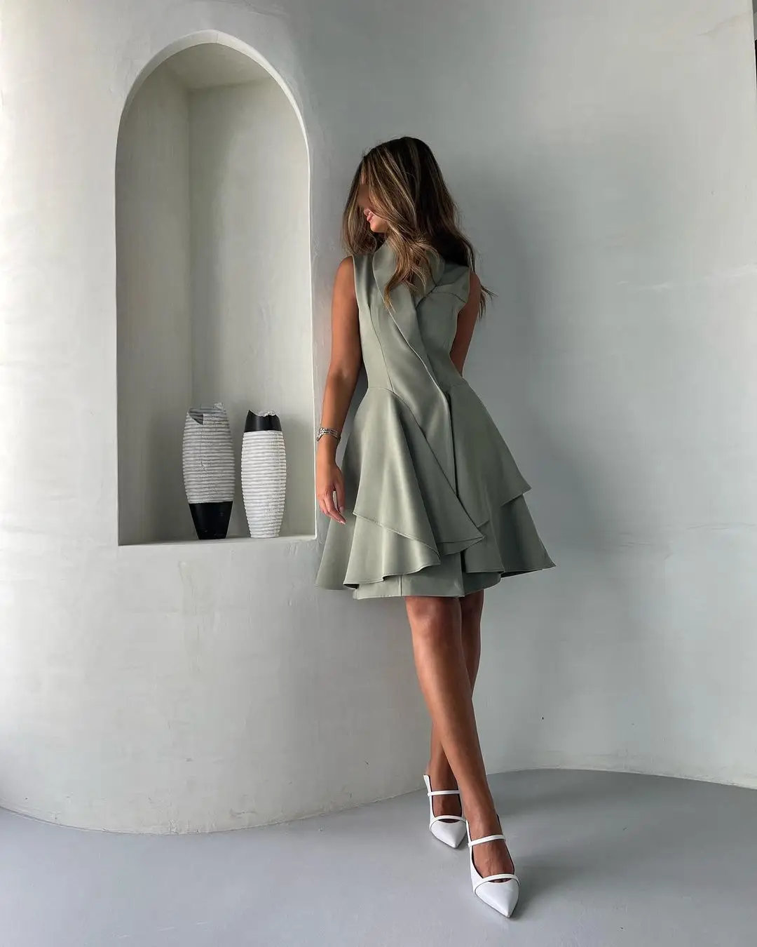 Sapmae V-neck Sleeveless A-line Short Green Taffeta Ruffle Zipper Up Prom Evenning Cocktail Formal Dress For Women In 2024