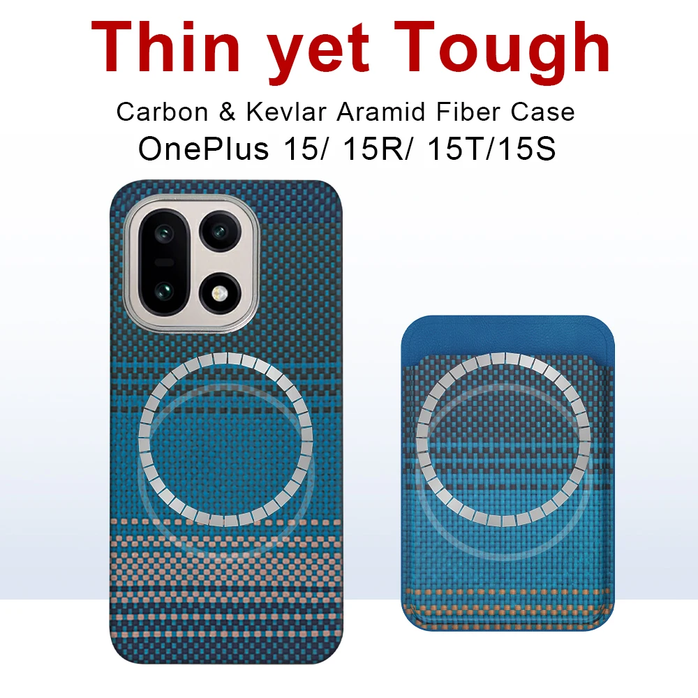 Für OnePlus 15/15R/15T/15S Hülle aus Carbon 600D 1500D Kevlar-Aramidfaser-Gewebe, dünne, harte Abdeckung mit Kartenhalter, magnetisch.