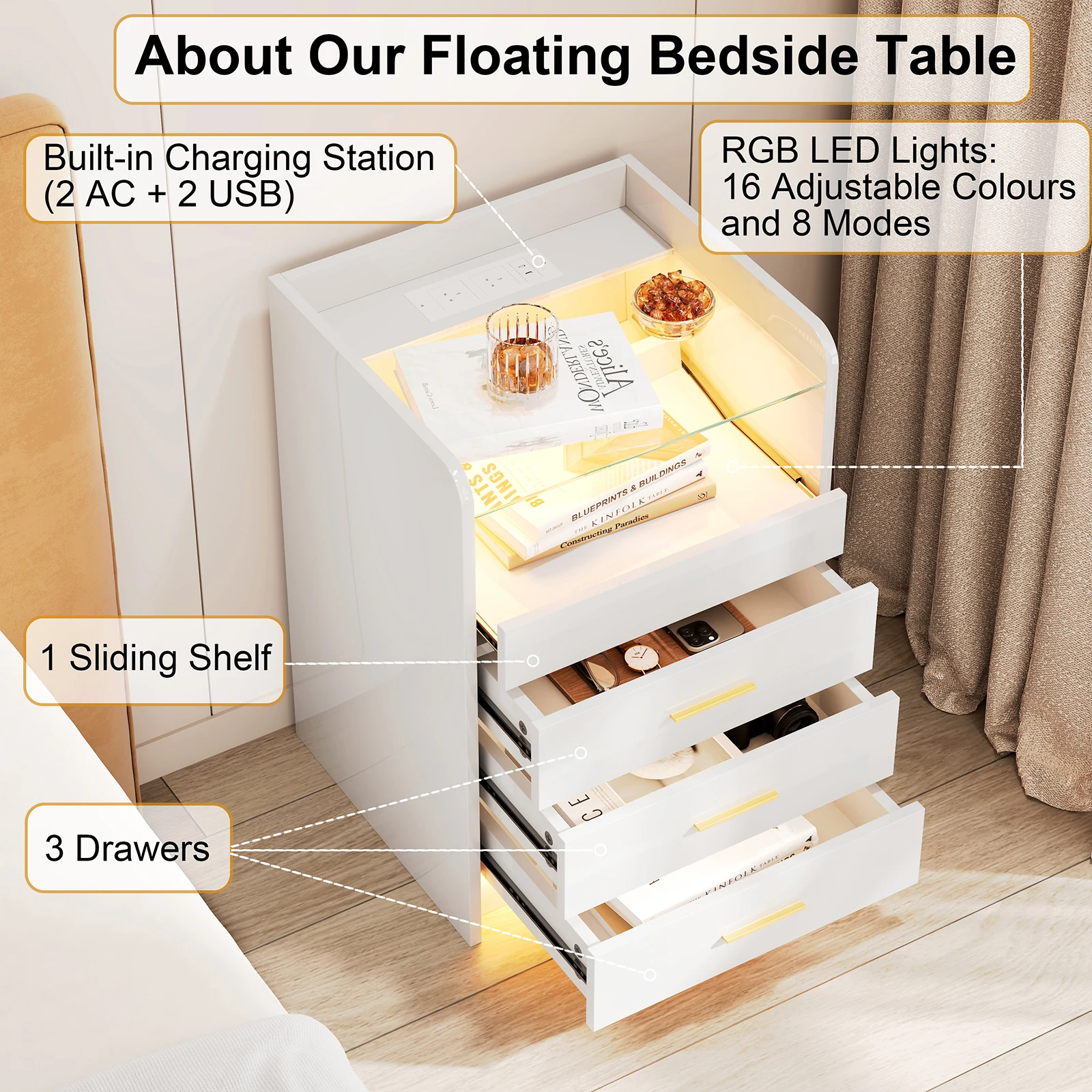 Wooden Bedside Table Charging Station Nightstands Light Strip UK Plug Home Furniture for Sofa Side Bedroom Living Room