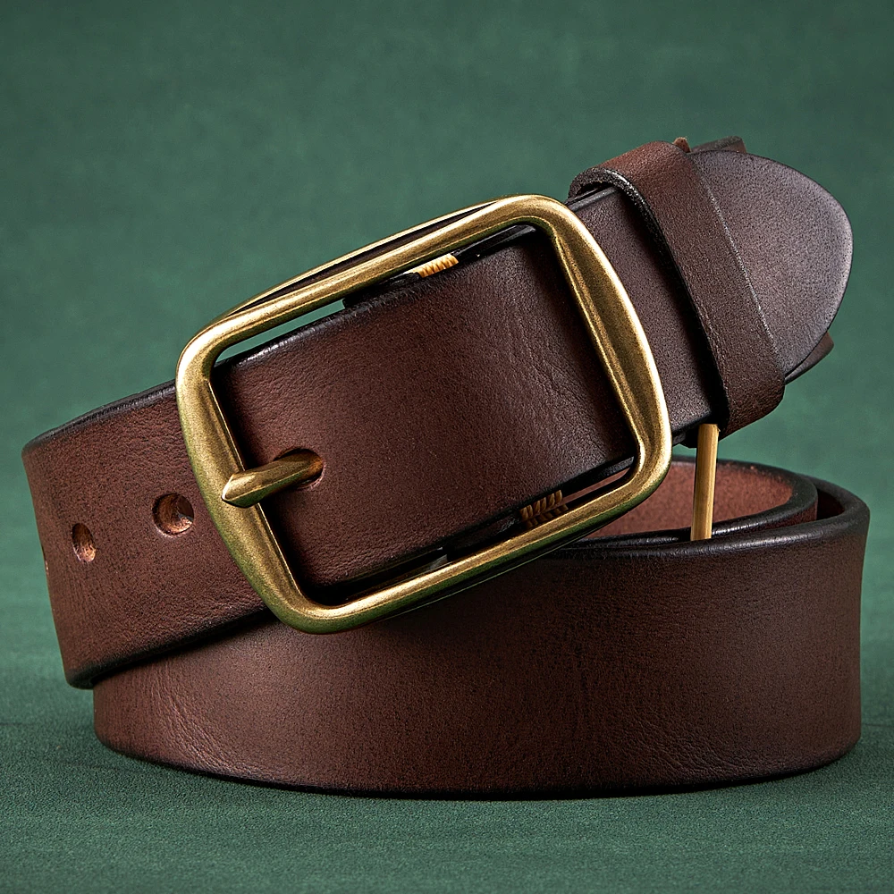 Thick Cowhide Copper Pin Buckle Real Genuine Leather Belt For Jeans Fashion Casual Belt Men Waistband Retro Luxury Male Strap