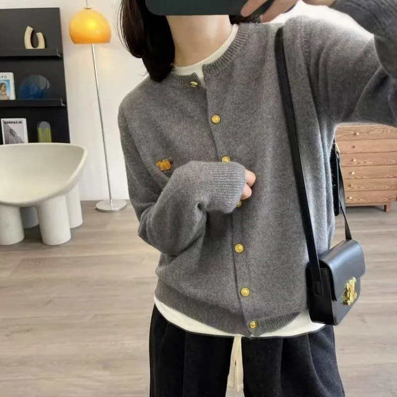 2024 Autumn Crewneck Wool Cardigan Women's Coat Pony Animal Embroidered Sweater Knit Thin Fashion Top