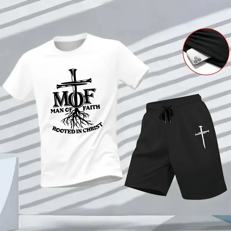 

Jesus Cross Pattern Home Outdoor Comfort Tees Outfits Man of Faith Print Men's Set Summer Daily Casual Sports T-shirt and Shorts