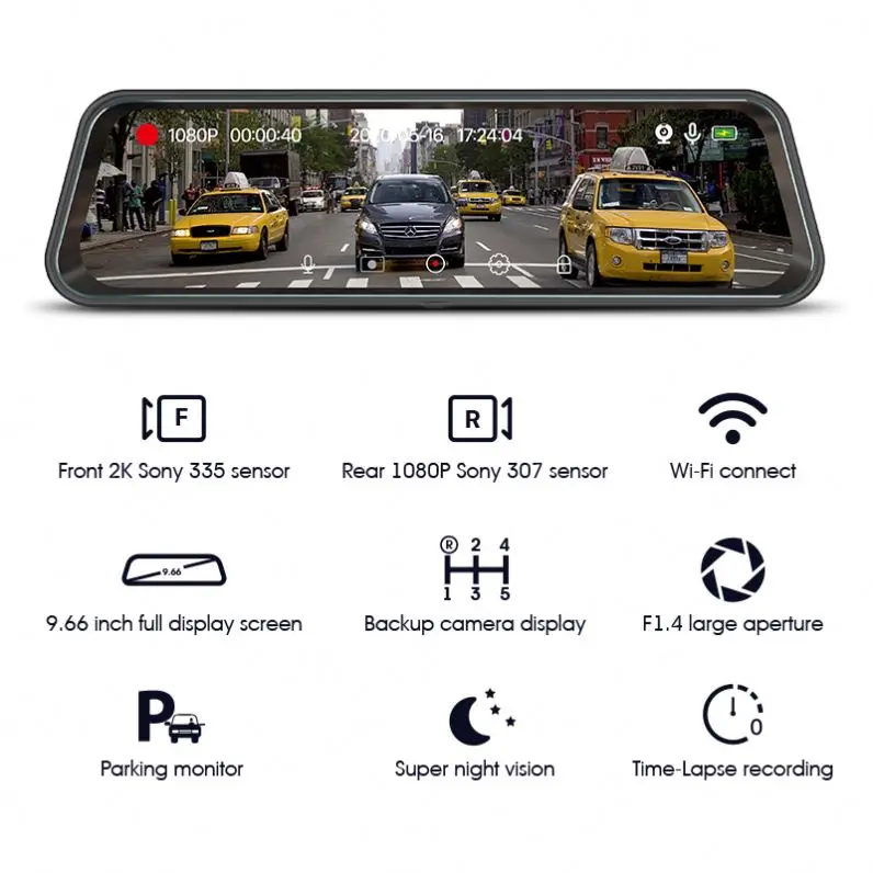 9.66 Inch Android 1080p Vehicle Touch Screen Rear View Mirror 128g Wifi Camera With Dual Dash Cam