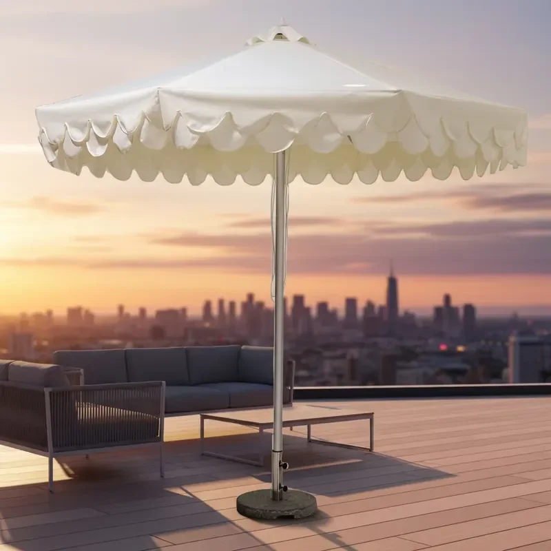 Outdoor Furniture Wholesale Luxury Scallop-Design Outdoor Garden Beach Umbrella Custom Printed Sun Patio Umbrella Tassels