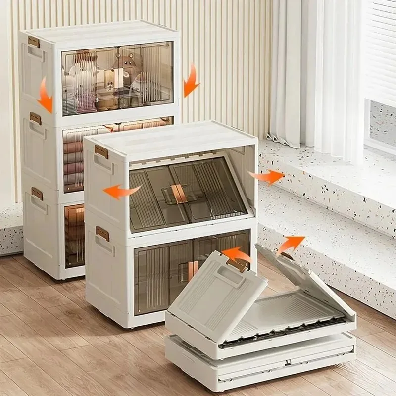 Foldable Stackable Storage Box Large Capacity Safety Latch Doors Closet Wardrobe Clothing Organizer Bins With Lid Wheels