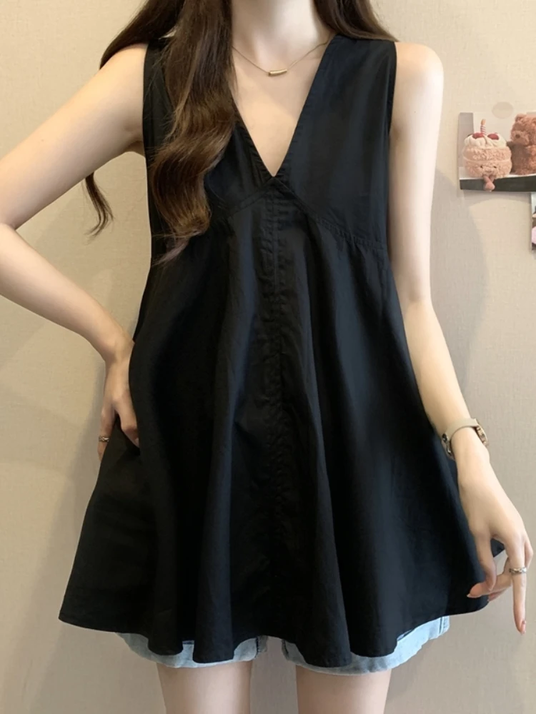 Black Sleeveless V-Neck Vest Dress Women Summer plus Size Slimming Midi Length Butt Covering Top Casual Comfortable Fit
