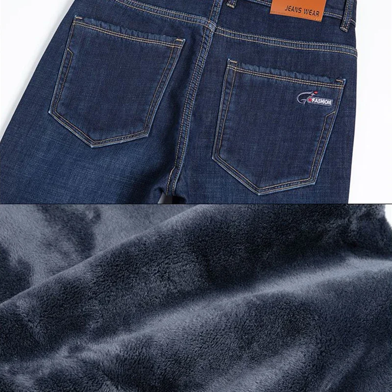 الرجال الخريف الشتاء صوف مبطن سميكة الجينز الذكور فضفاضة مستقيم مرونة الدنيم السراويل الدافئة الذكية بناطيل كاجوال #5