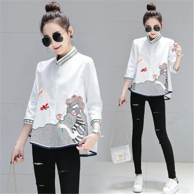 Spring Summer New Women Sweet Stand Collar Floral Embroidery Cotton Shirts Blouses Three Quarter Sleeve loose vintage Tops