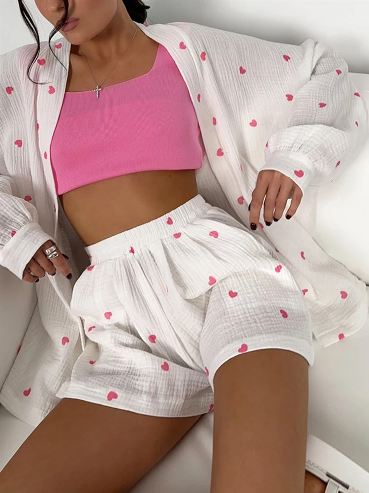 Hiloc Long Sleeve Love Print Sleepwear Cotton Pajamas For Women Sets With Sashes Casual Female Suits With Shorts 2024 Spring